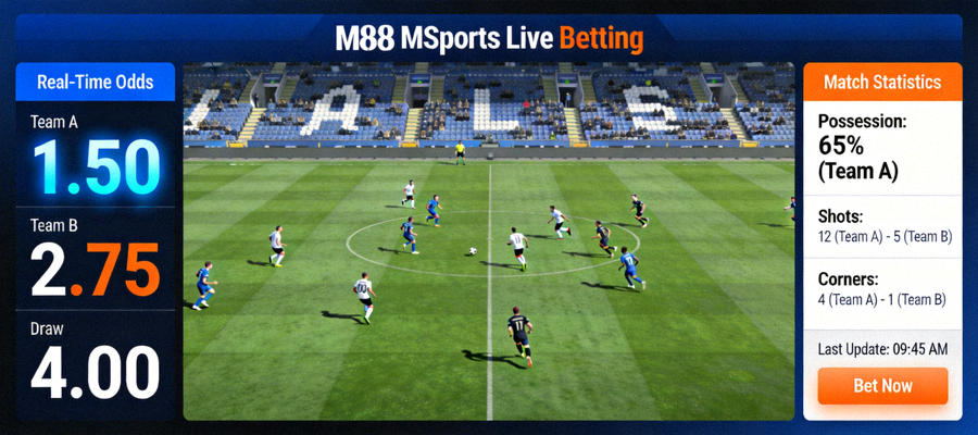 Tampilan layar live betting M88 MSports dengan odds yang berubah secara real-time dan statistik pertandingan